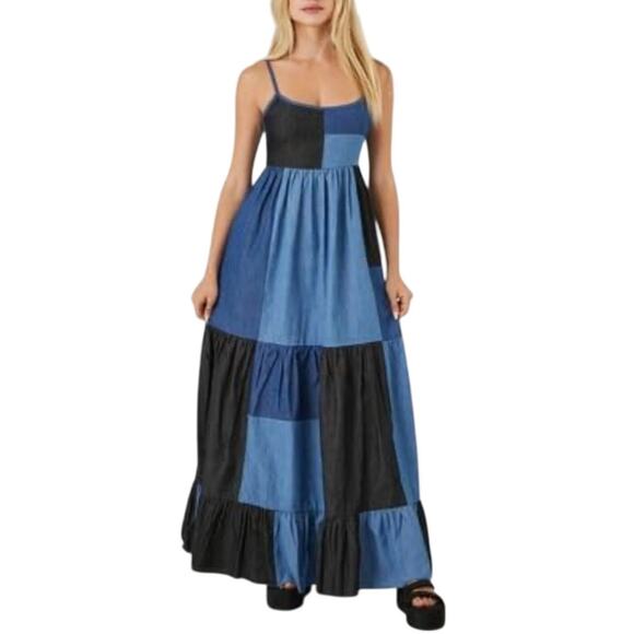 Forever 21 Blue and Black Denim Jean Patchwork Maxi Dress S - Picture 7 of 7
